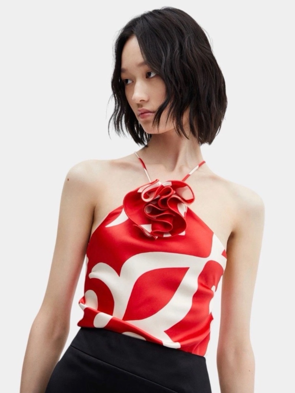 Mango Rosette satin Red and White Floral-Accent Halter Camisole top XS nwot